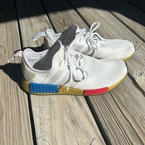 Adidas NMD R1 White with Red, Blue, and Yellow Accents